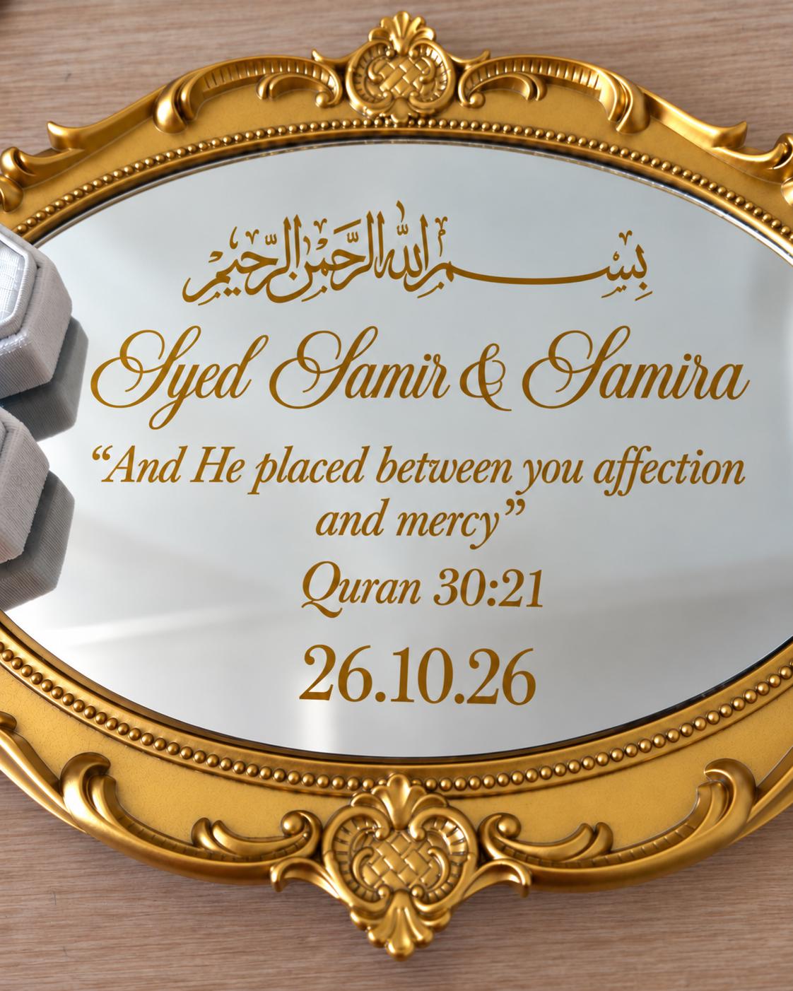 Gold personalised Nikkah vinyl with names, a wedding date and Quranic wording on an ornate mirror.